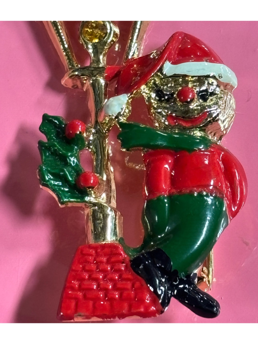 Festive Santa and Holly Holiday Brooch - Red & Green Enamel